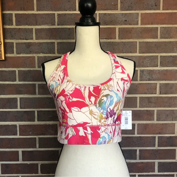 NWT JOSIE NATORI SOLSTICE T-BACK CROP TOP Size M Pink Poppy Trellis Wave - Picture 7 of 10